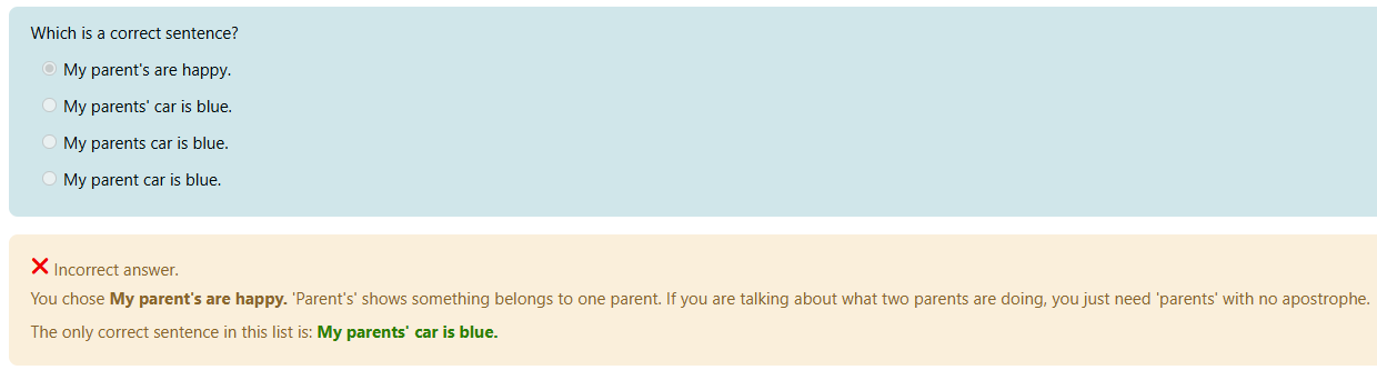 Screen shot of a question assessing sentence structure